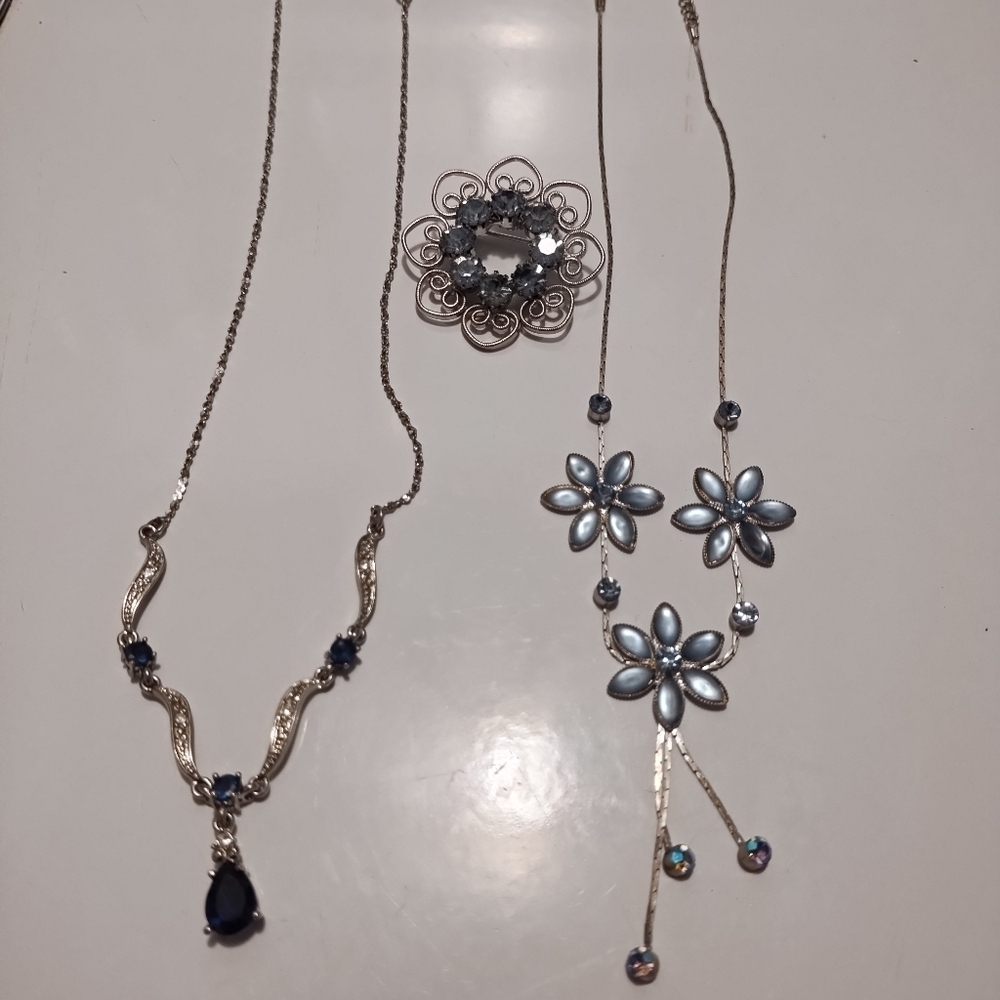 Vintage silver tone and blue sparkle jewelry